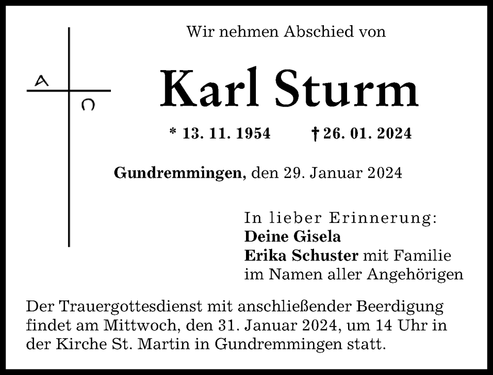 Traueranzeige von Karl Sturm von Günzburger Zeitung