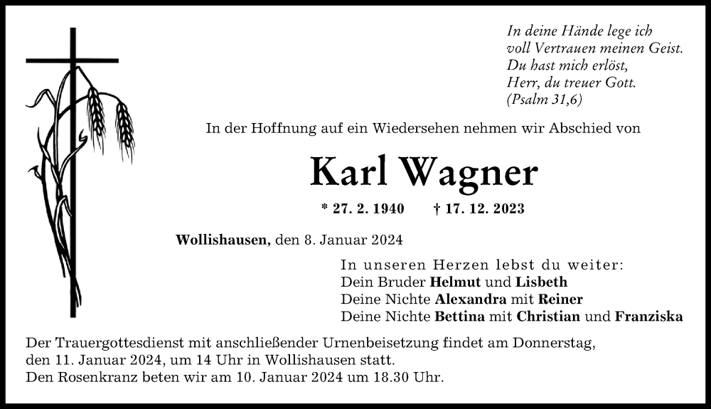 Traueranzeige von Karl Wagner von Augsburg-Land