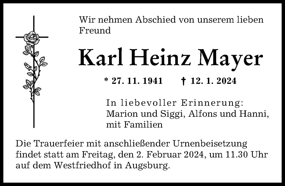 Traueranzeige von Karl Heinz Mayer von Augsburger Allgemeine