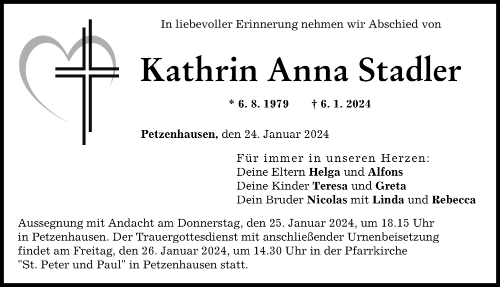 Traueranzeige von Kathrin Anna Stadler von Landsberger Tagblatt