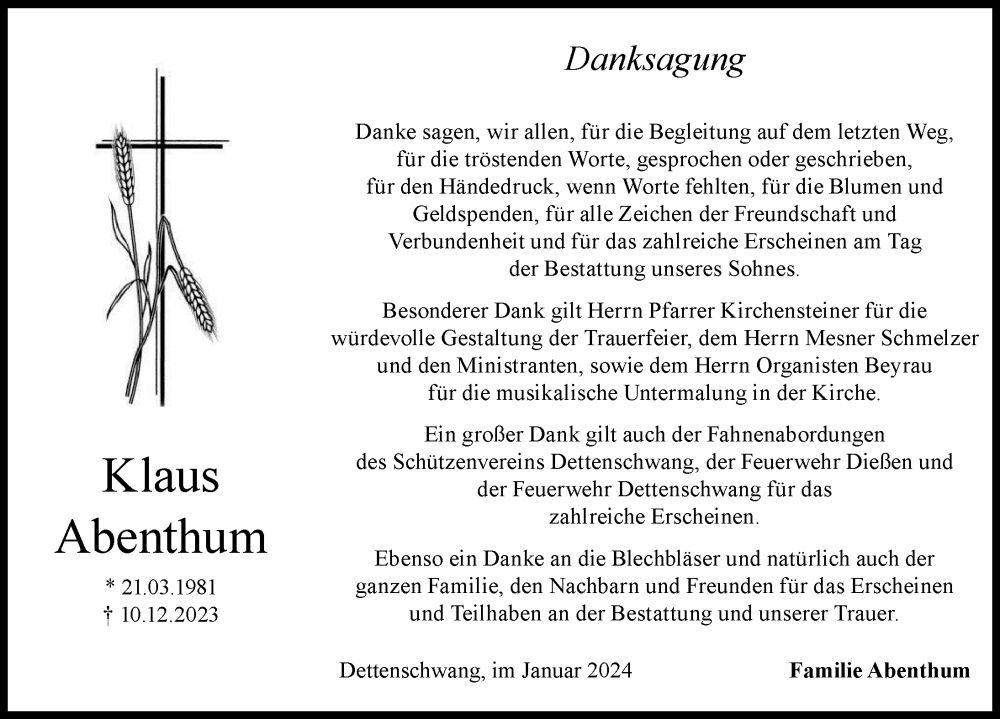 Traueranzeige von Klaus Abenthum von Landsberger Tagblatt