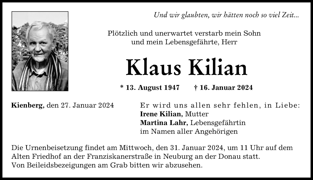 Traueranzeige von Klaus Kilian von Neuburger Rundschau