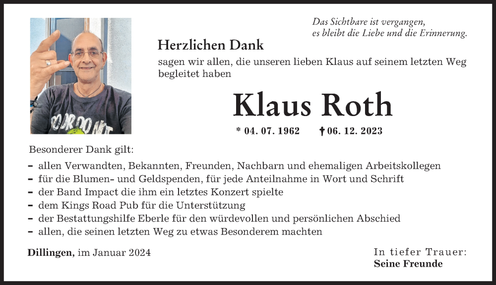 Traueranzeige von Klaus Roth von Donau Zeitung