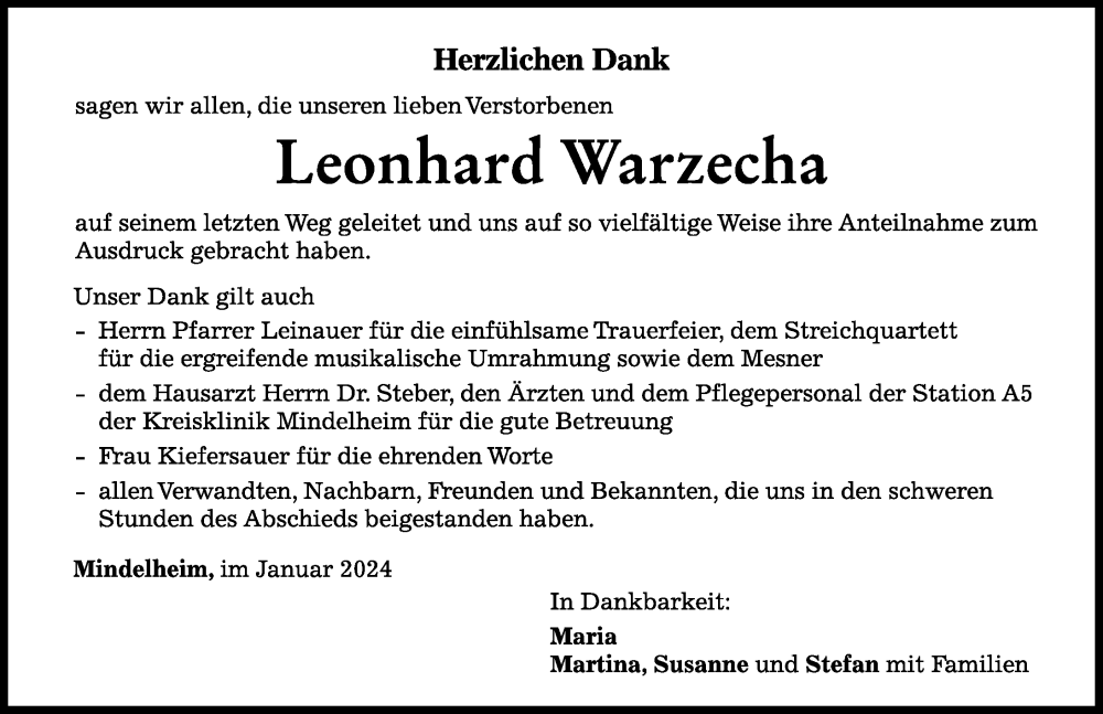 Traueranzeige von Leonhard Warzecha von Mindelheimer Zeitung