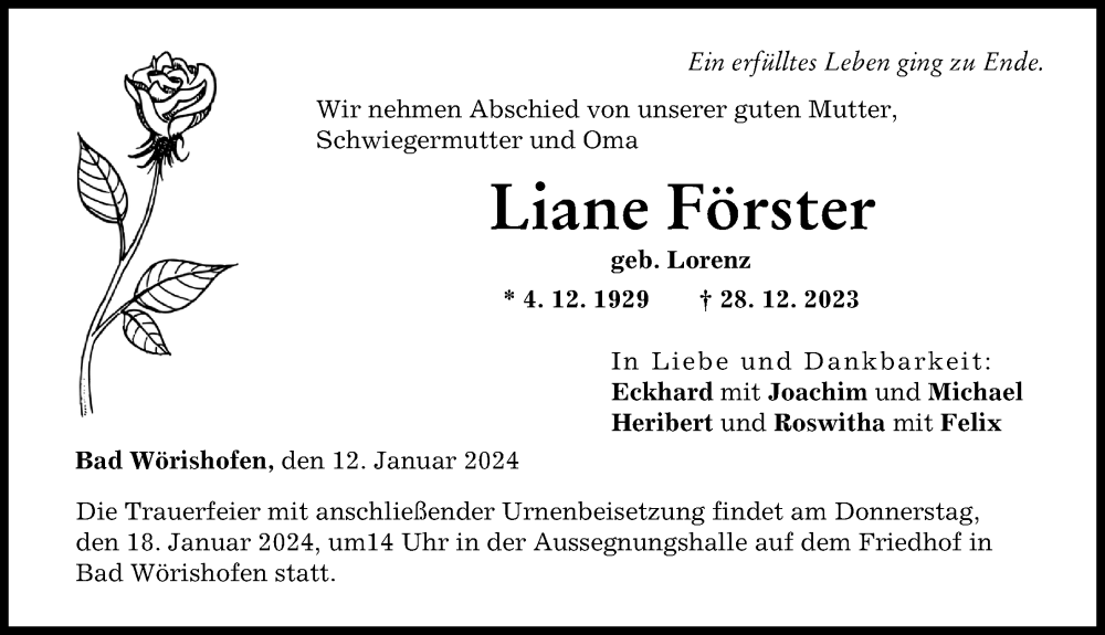 Traueranzeige von Liane Förster von Mindelheimer Zeitung