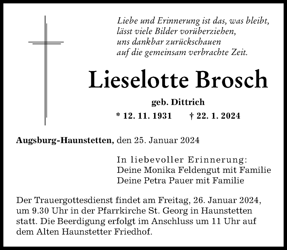 Traueranzeige von Lieselotte Brosch von Augsburger Allgemeine