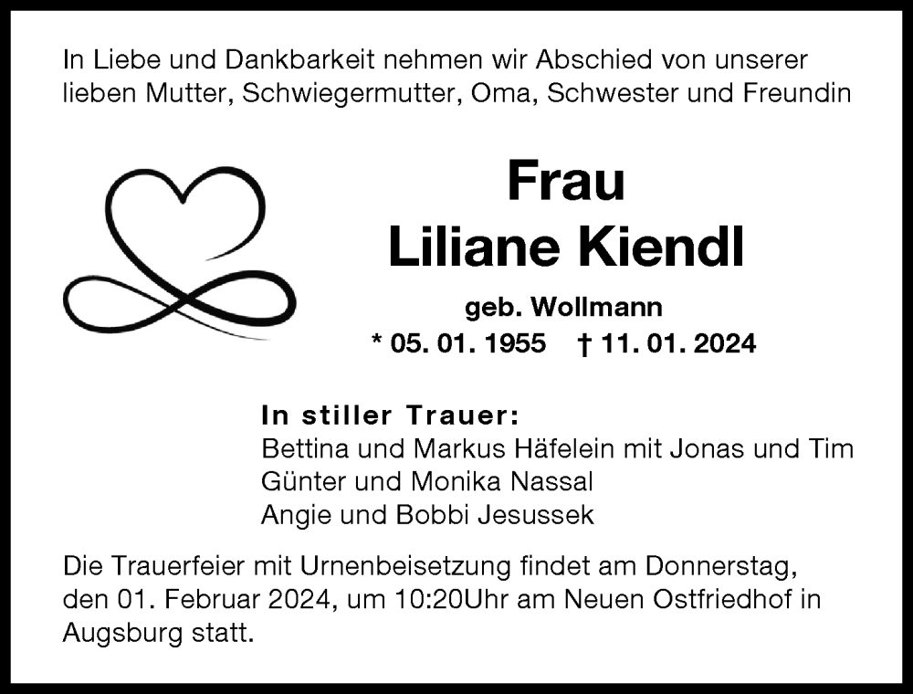 Traueranzeige von Liliane Kiendl von Augsburger Allgemeine