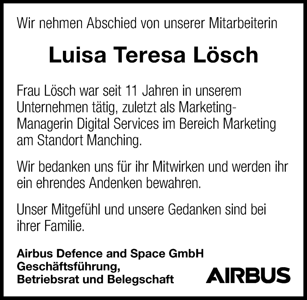  Traueranzeige für Luisa Teresa Lösch vom 22.01.2024 aus Neuburger Rundschau