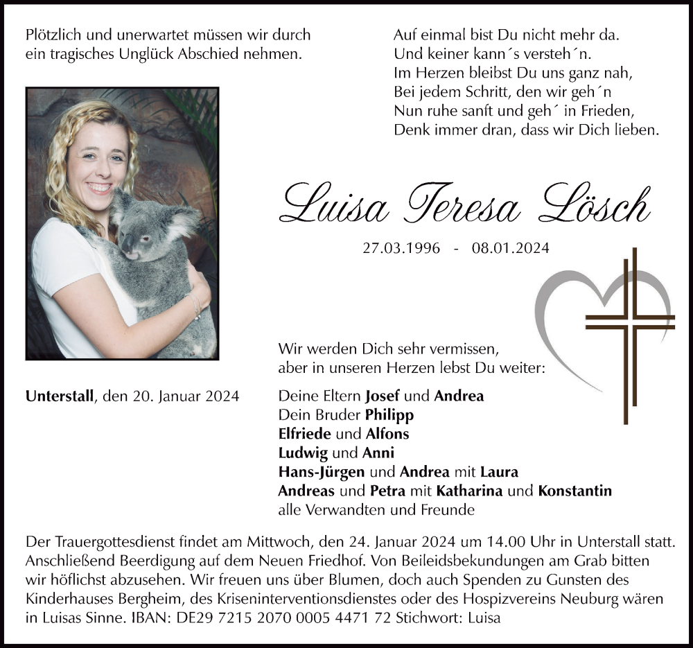  Traueranzeige für Luisa Teresa Lösch vom 20.01.2024 aus Neuburger Rundschau