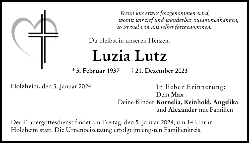 Traueranzeige von Luzia Lutz von Donau Zeitung