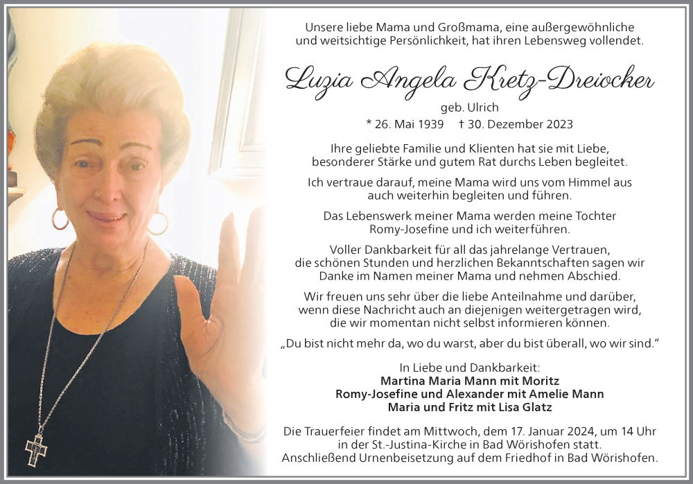 Traueranzeige von Luzia Angela Kretz-Dreiocker von Mindelheimer Zeitung