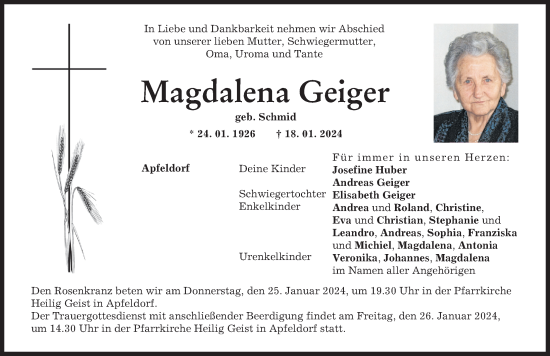 Traueranzeigen von Magdalena Geiger | Augsburger Allgemeine Zeitung