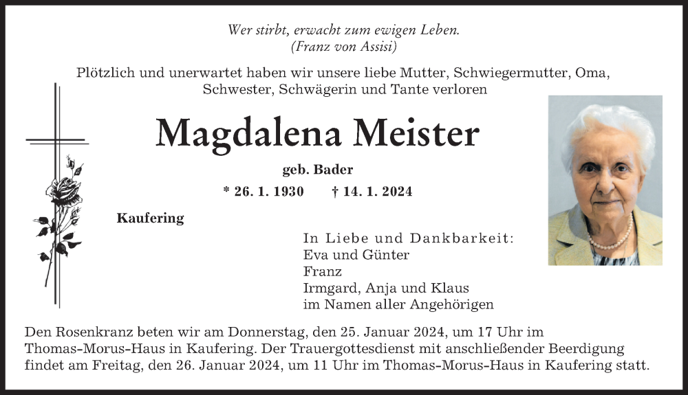 Traueranzeige von Magdalena Meister von Landsberger Tagblatt