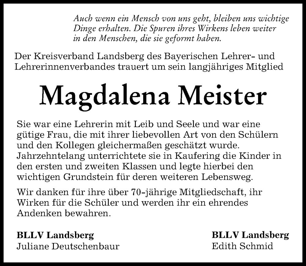 Traueranzeige von Magdalena Meister von Landsberger Tagblatt