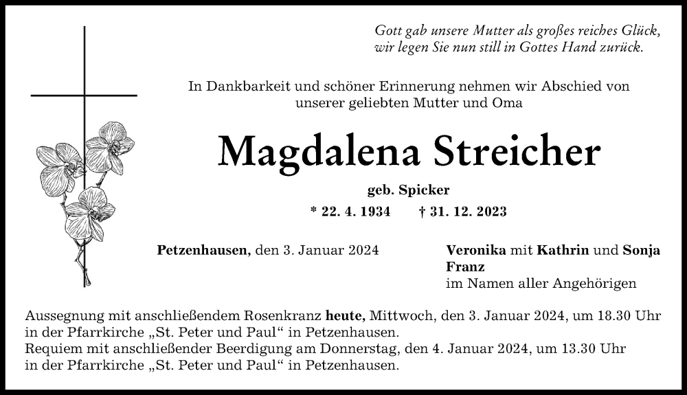 Traueranzeige von Magdalena Streicher von Landsberger Tagblatt