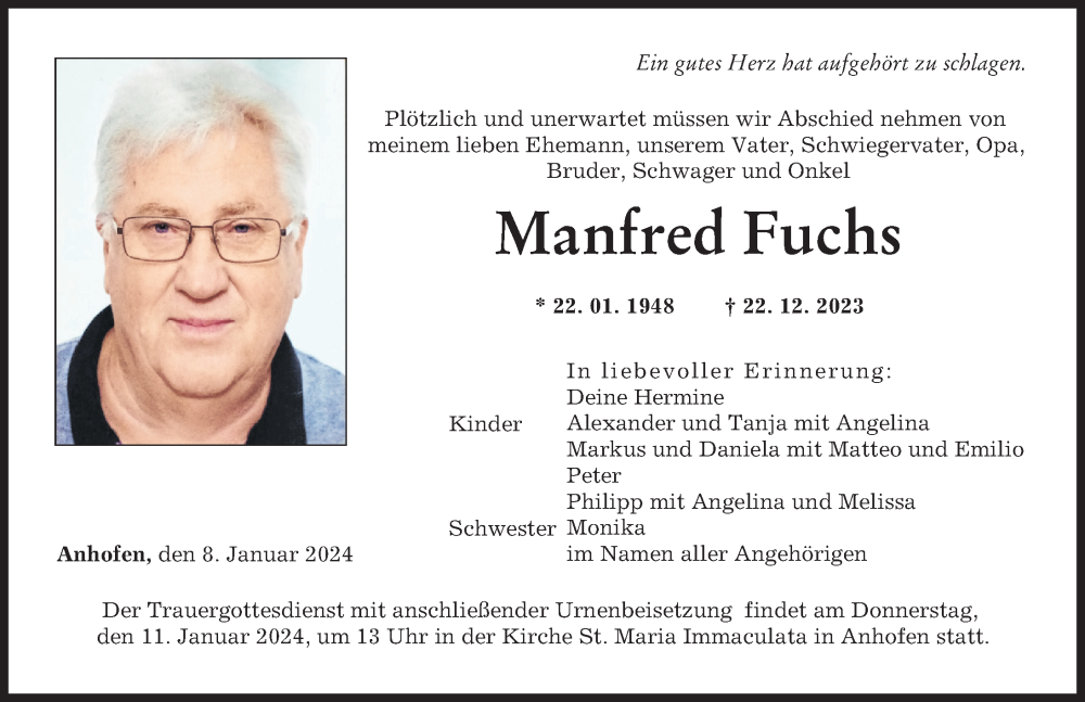 Traueranzeigen Von Manfred Fuchs Augsburger Allgemeine Zeitung