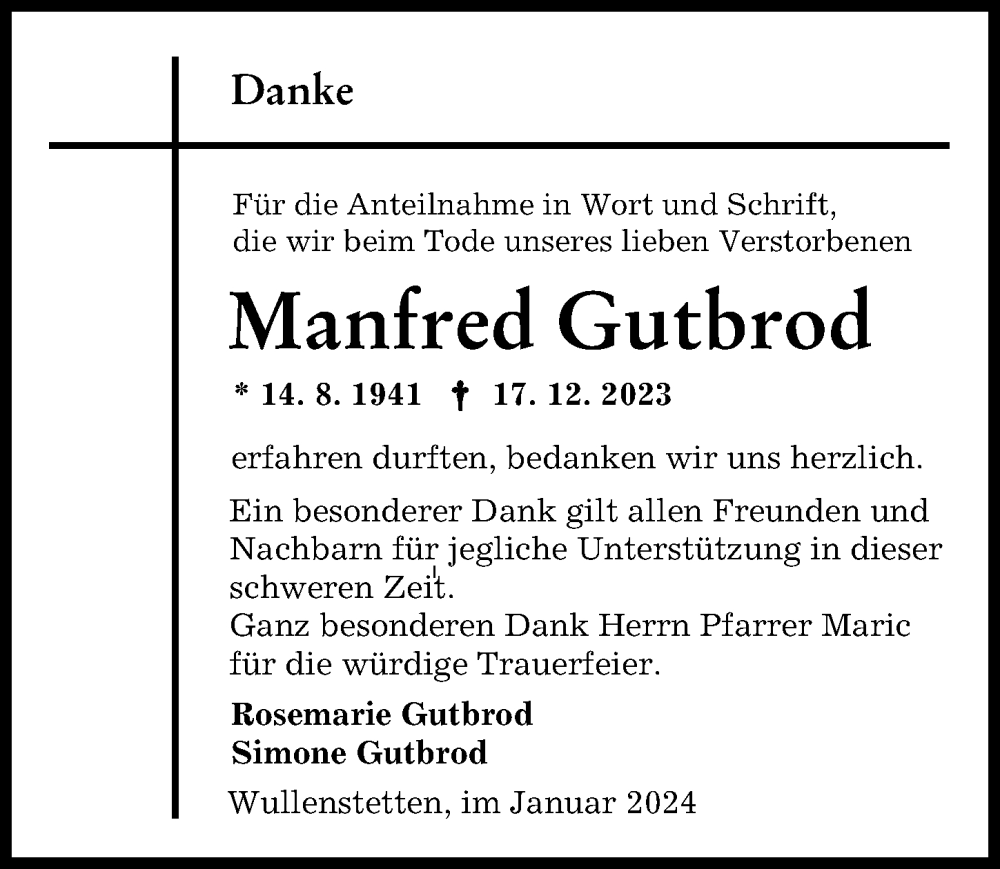 Traueranzeige von Manfred Gutbrod von Neu-Ulmer Zeitung