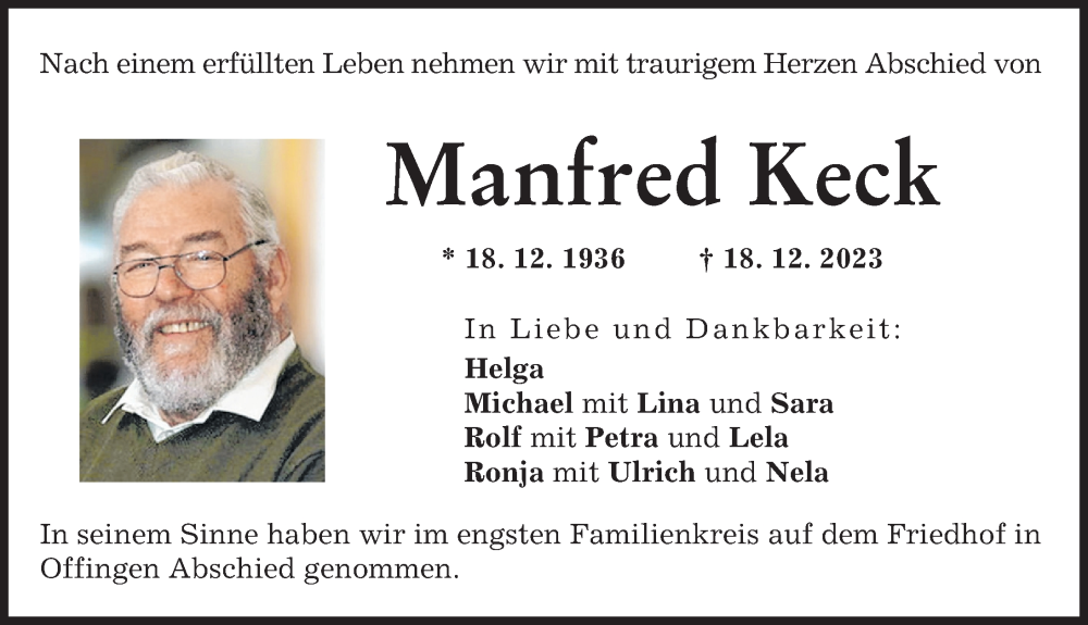 Traueranzeige von Manfred Keck von Günzburger Zeitung