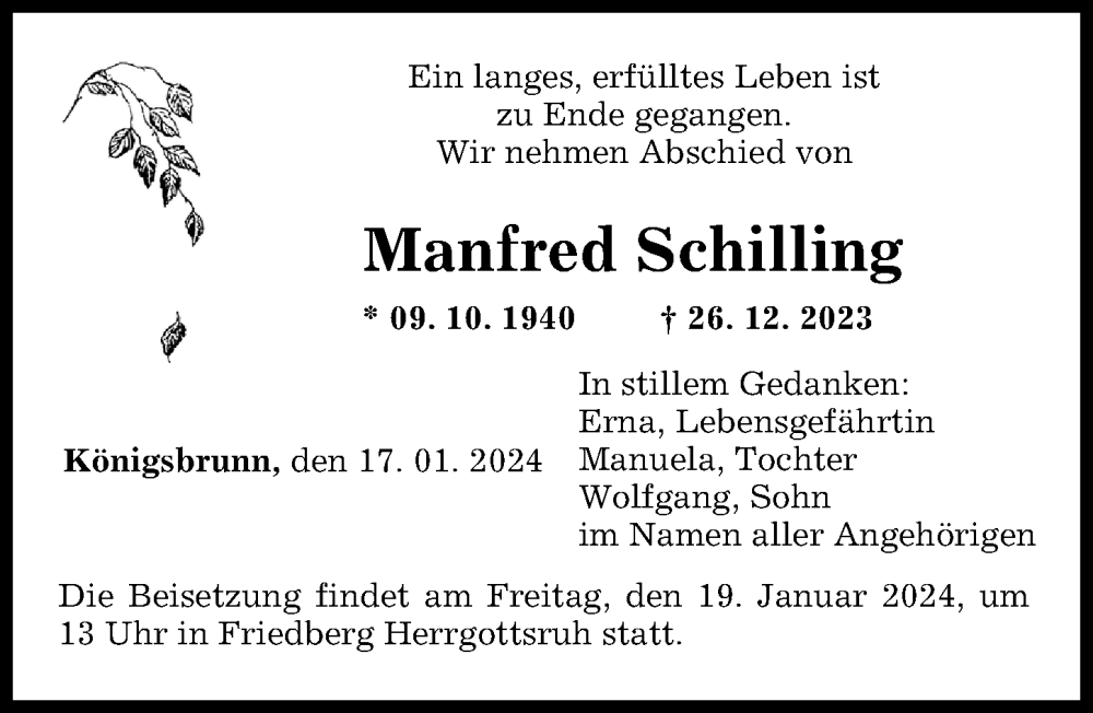 Traueranzeige von Manfred Schilling von Augsburger Allgemeine