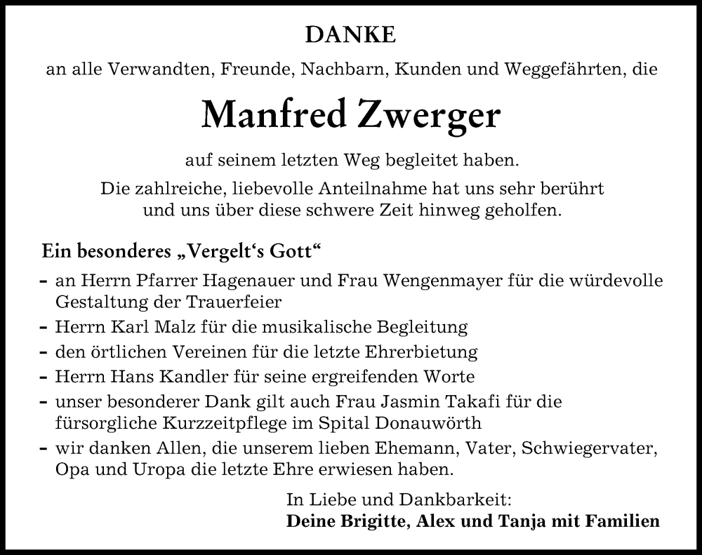 Traueranzeige von Manfred Zwerger von Donauwörther Zeitung