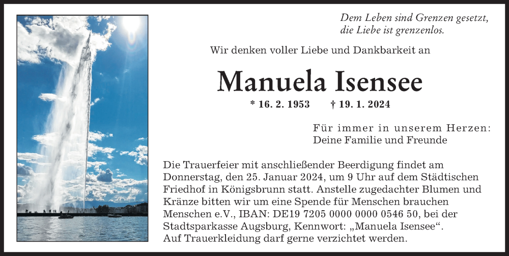 Traueranzeige von Manuela Isensee von Augsburger Allgemeine