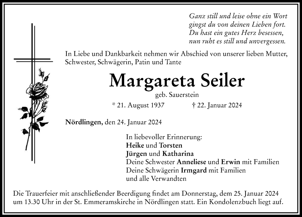  Traueranzeige für Margareta Seiler vom 24.01.2024 aus Rieser Nachrichten