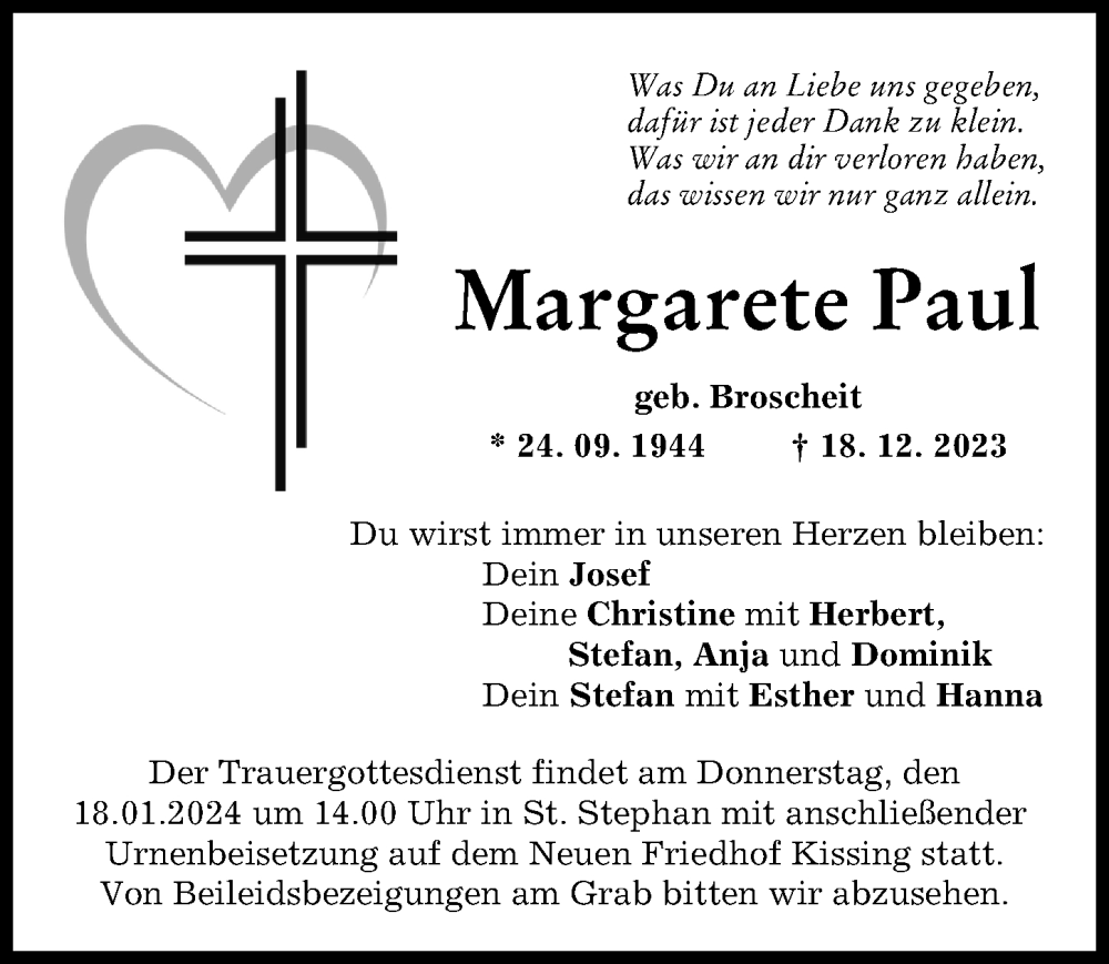 Traueranzeige von Margarete Paul von Friedberger Allgemeine