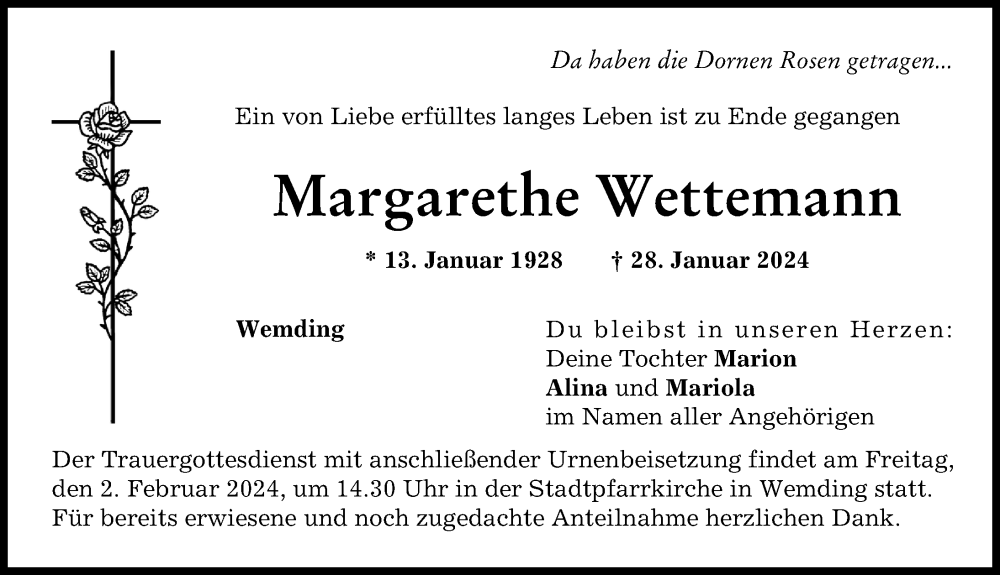 Traueranzeige von Margarethe Wettemann von Donauwörther Zeitung