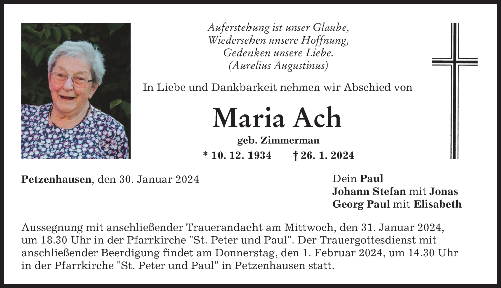 Traueranzeigen von Maria Ach | Augsburger Allgemeine Zeitung