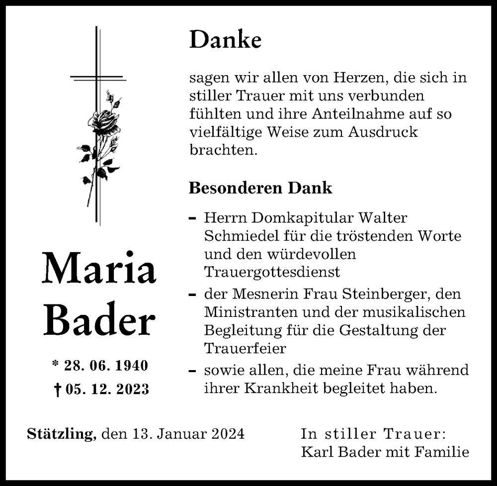 Traueranzeige von Maria Bader von Friedberger Allgemeine, Augsburger Allgemeine