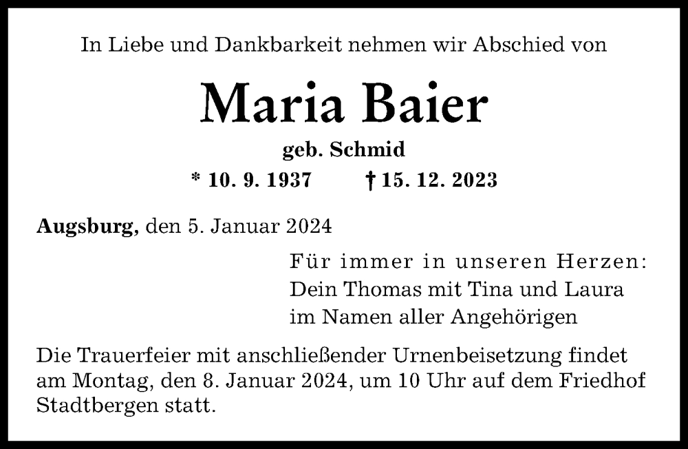 Traueranzeige von Maria Baier von Augsburger Allgemeine