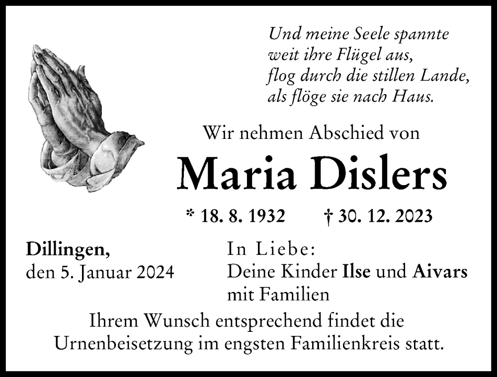 Traueranzeige von Maria Dislers von Donau Zeitung