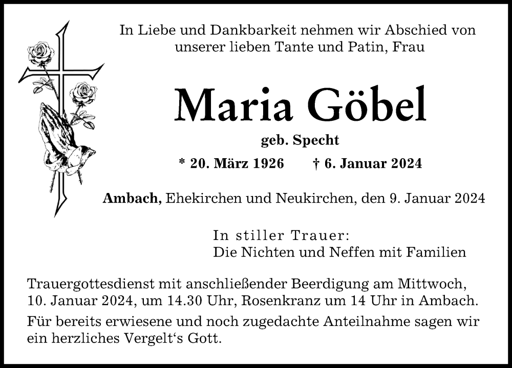 Traueranzeige von Maria Göbel von Neuburger Rundschau