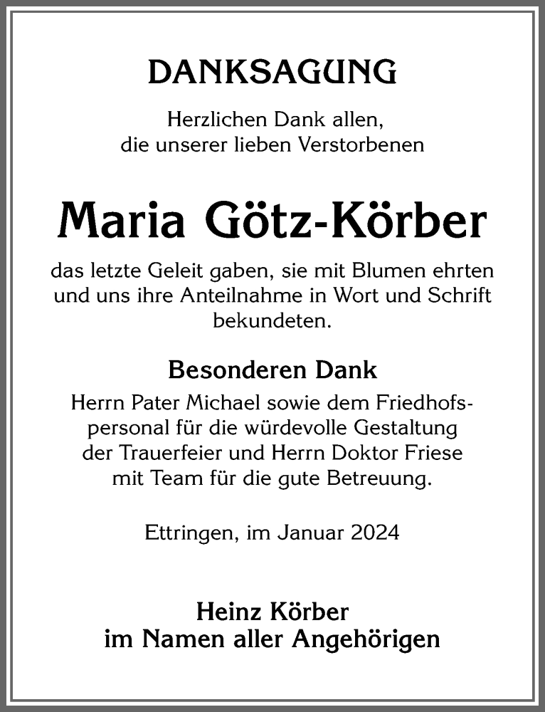 Traueranzeige von Maria Götz-Körber von Mindelheimer Zeitung