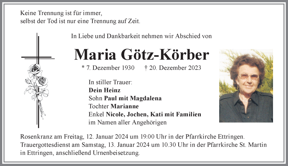 Traueranzeige von Maria Götz-Körber von Mindelheimer Zeitung