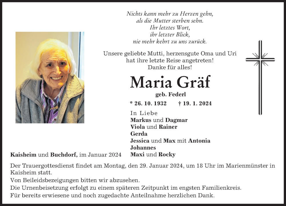  Traueranzeige für Maria Gräf vom 25.01.2024 aus Donauwörther Zeitung