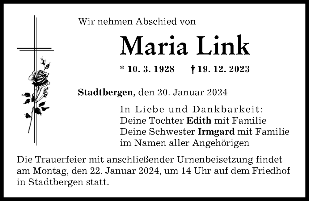 Traueranzeige von Maria Link von Augsburg-Land