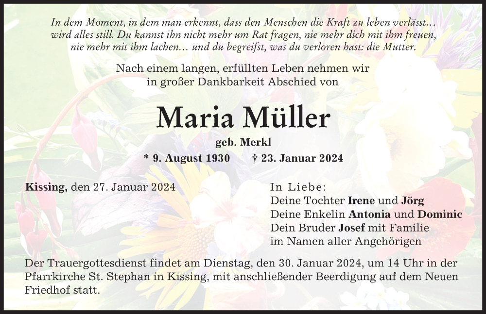 Traueranzeige von Maria Müller von Friedberger Allgemeine