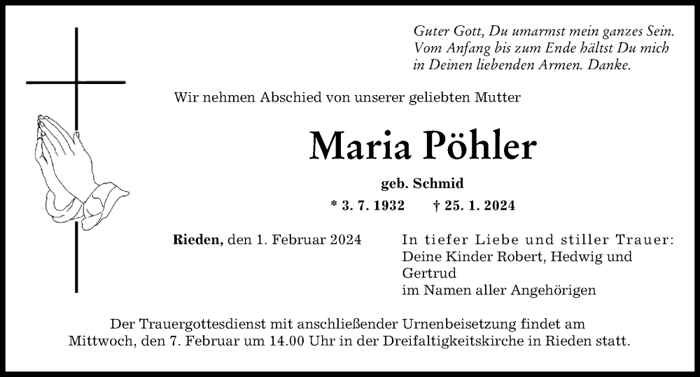 Traueranzeige von Maria Pöhler von Günzburger Zeitung