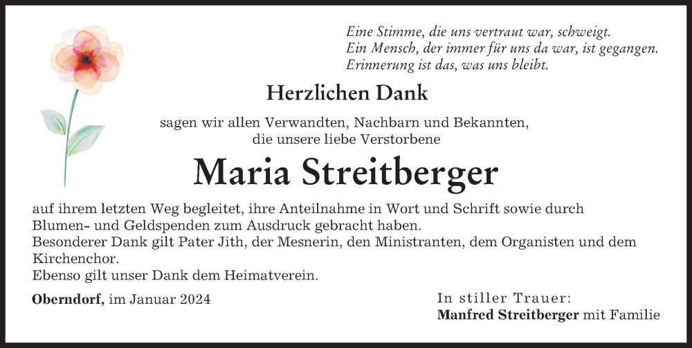 Traueranzeige von Maria Streitberger von Donauwörther Zeitung