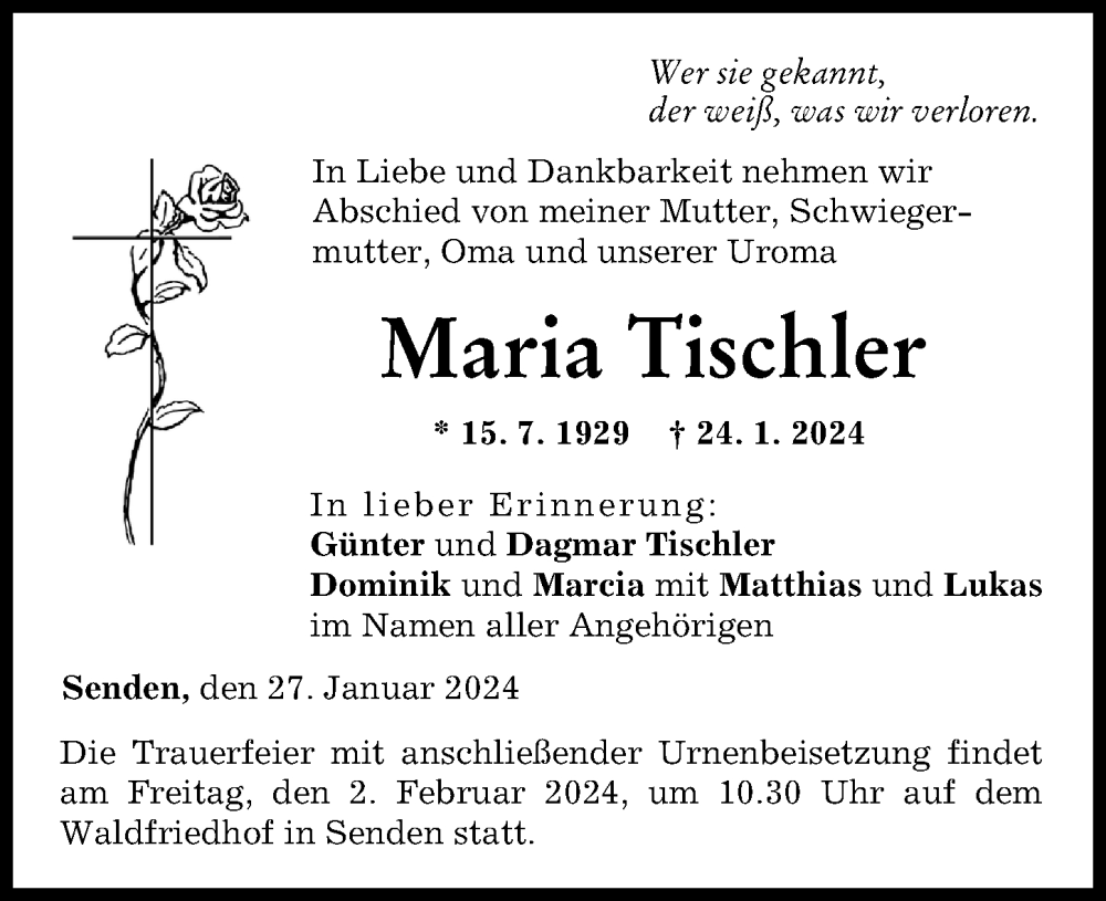 Traueranzeige von Maria Tischler von Neu-Ulmer Zeitung