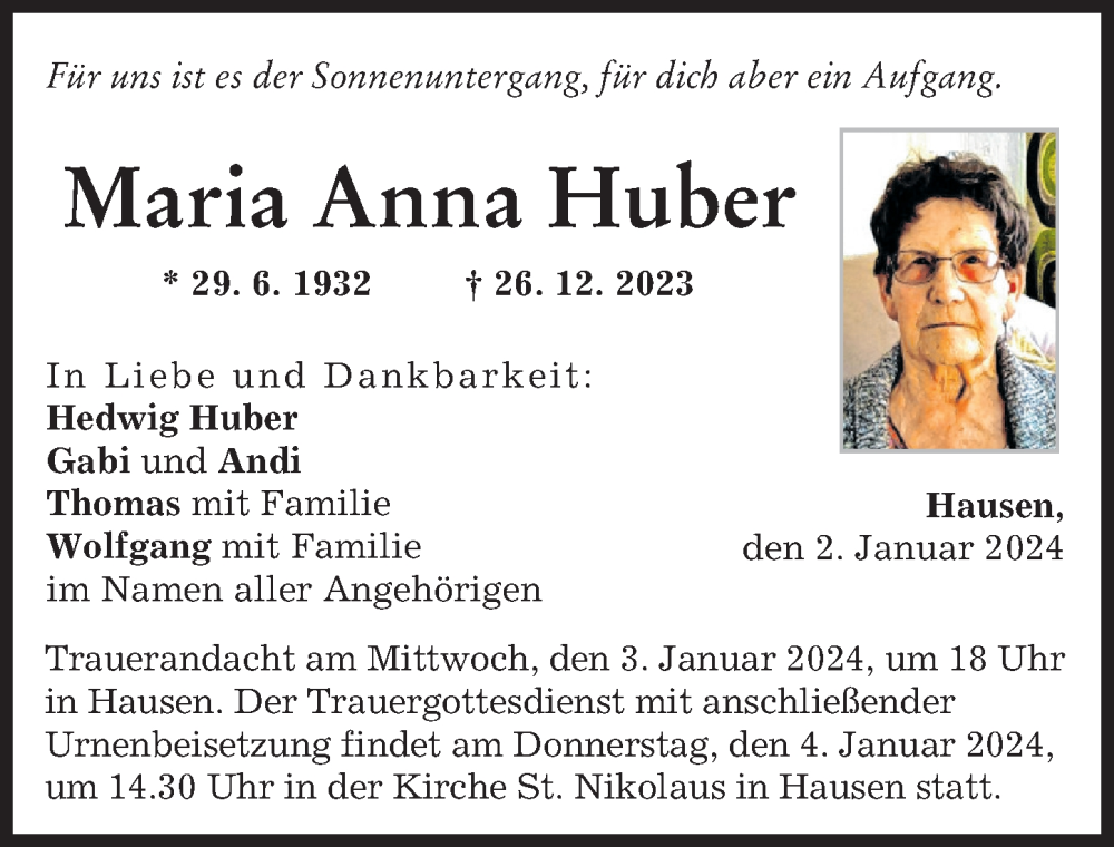 Traueranzeige von Maria Anna Huber von Landsberger Tagblatt