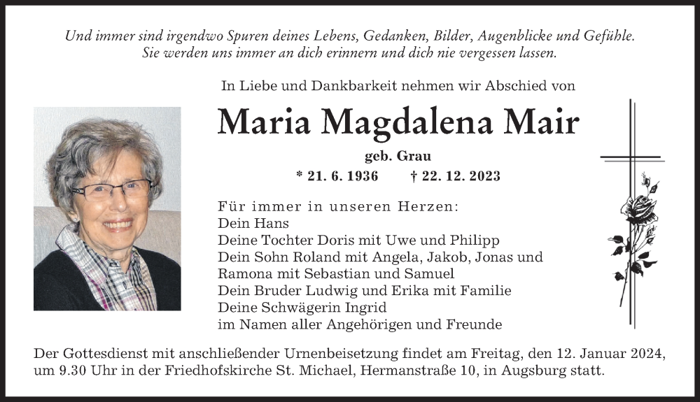 Traueranzeige von Maria Magdalena Mair von Augsburger Allgemeine