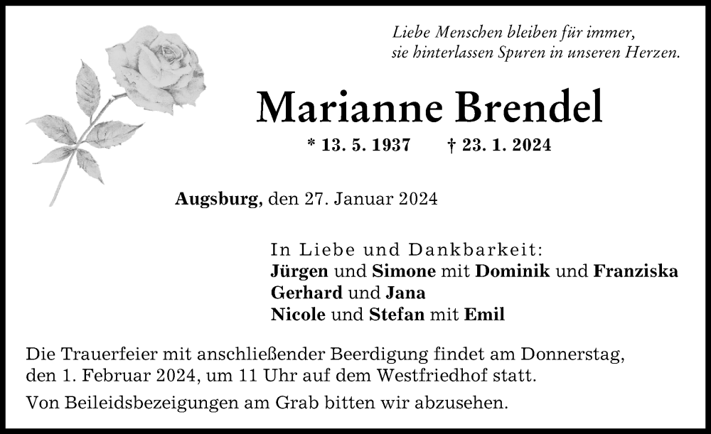  Traueranzeige für Marianne Brendel vom 27.01.2024 aus Augsburger Allgemeine