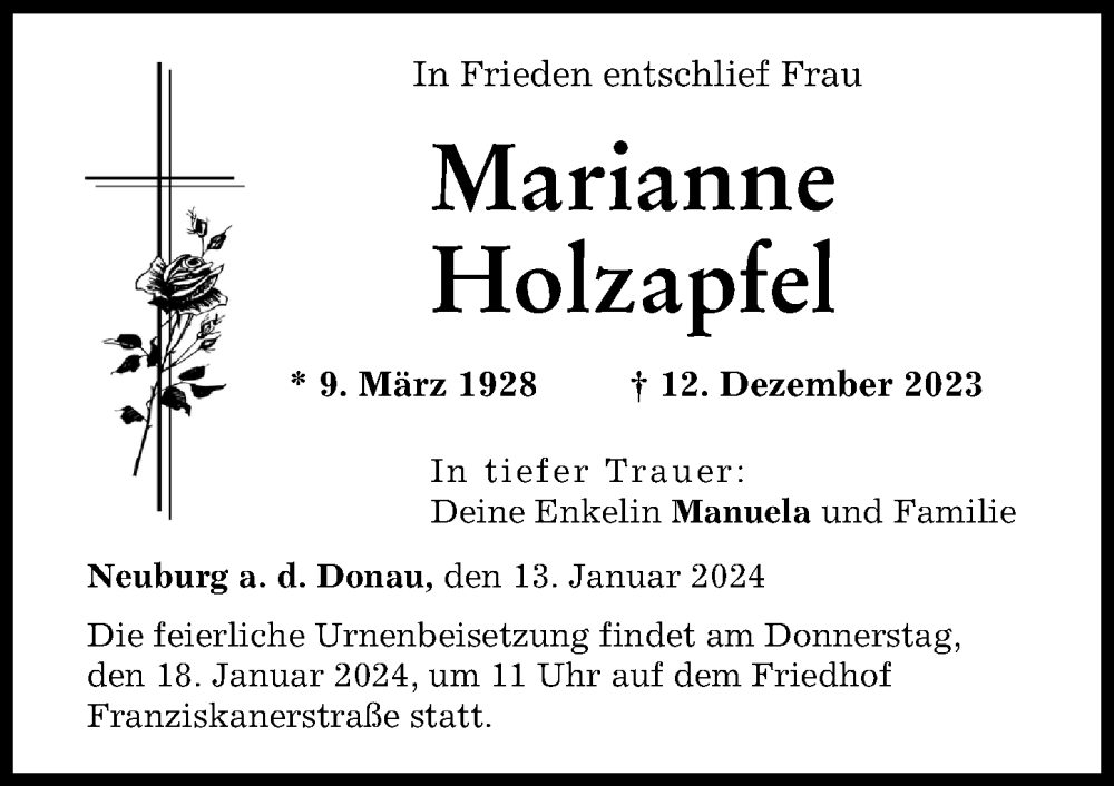 Traueranzeige von Marianne Holzapfel von Neuburger Rundschau