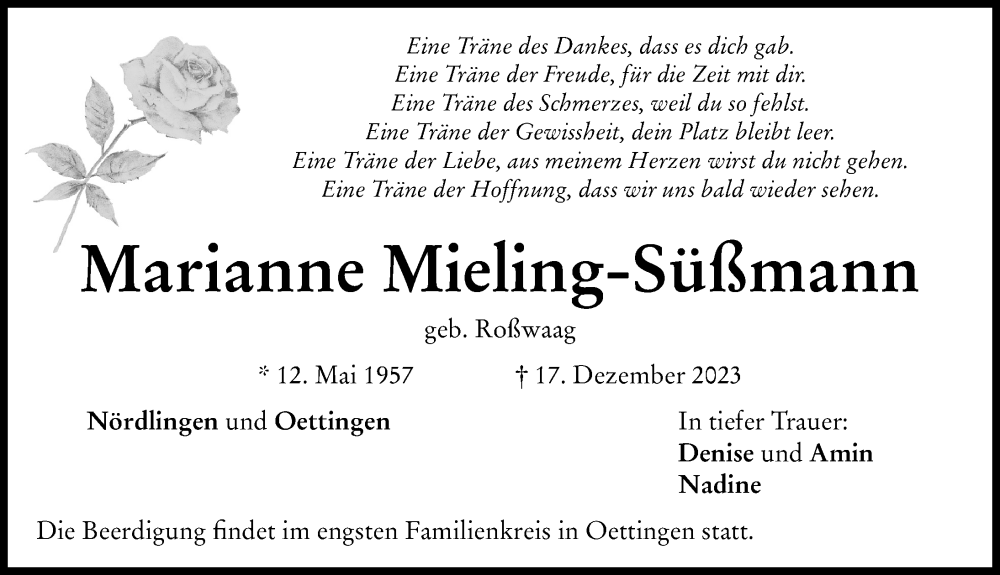 Traueranzeige von Marianne Mieling-Süßmann von Rieser Nachrichten