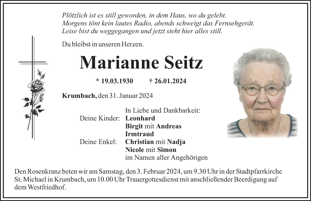 Traueranzeige von Marianne Seitz von Mittelschwäbische Nachrichten