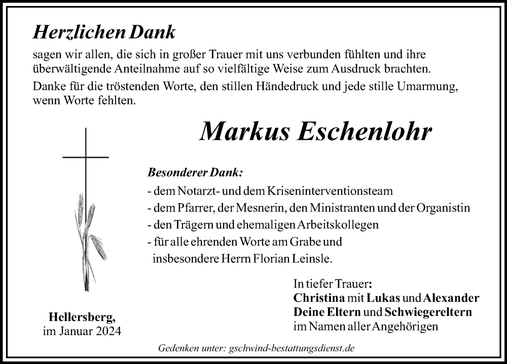 Traueranzeige von Markus Eschenlohr von Augsburg-Land, Mittelschwäbische Nachrichten