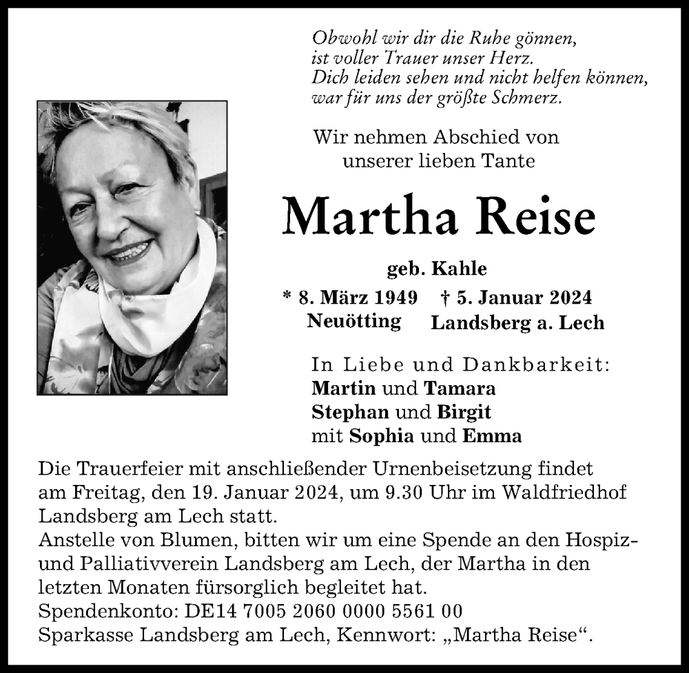 Traueranzeige von Martha Reise von Landsberger Tagblatt