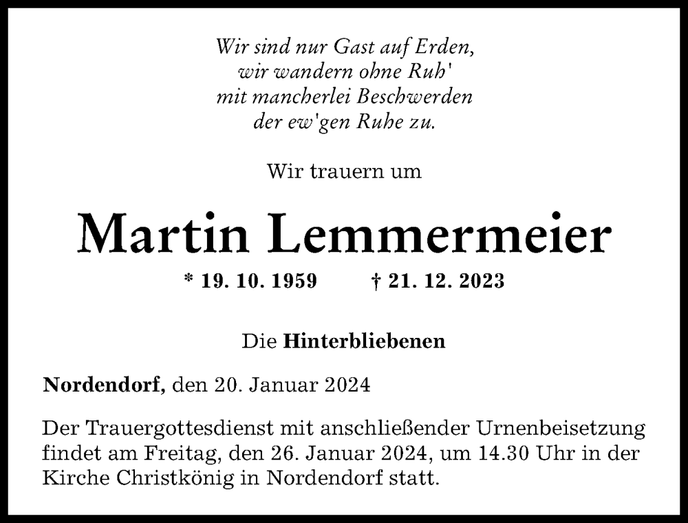 Traueranzeige von Martin Lemmermeier von Augsburg-Land